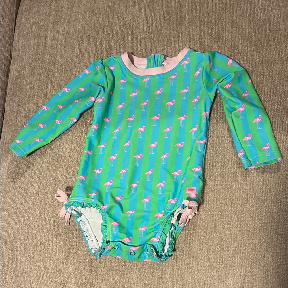 Ruffle Butts Aqua Flamingo Baby Swimsuit